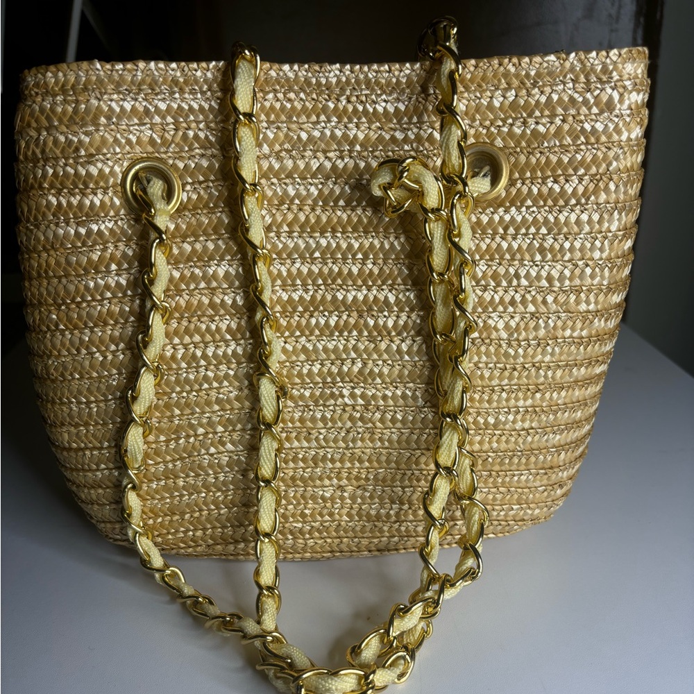 Tan Wheat Straw Woven Purse Tote Bag Summer Vacation Beach Boho